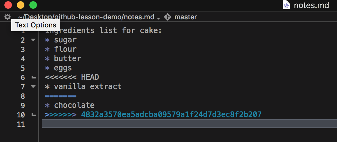 A screenshot of BBedit showing the merge conflict. Line 6 is '&lt;&lt;&lt;&lt;&lt;&lt;&lt; HEAD'`' indicating the start of one version of the file. Line 8 is '=======' indicating the end of one version and the beginning of the next. Line 10 shows '&gt;&gt;&gt;&gt;&gt;&gt;&gt;' followed by a hash, indicating the end of the second version.